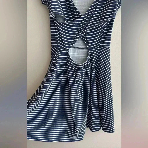 American Eagle Outfitters Blue and White Fit & Flare Dress w/ Crossed Open Back - Picture 14 of 16